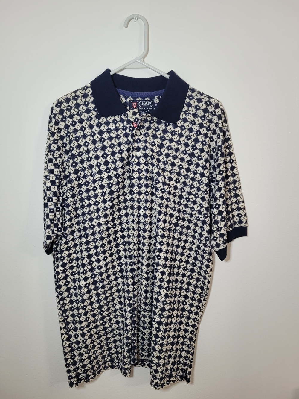 Chaps Ralph Lauren Vintage Golf Polo Shirt Blue/White Geometric Size Medium
